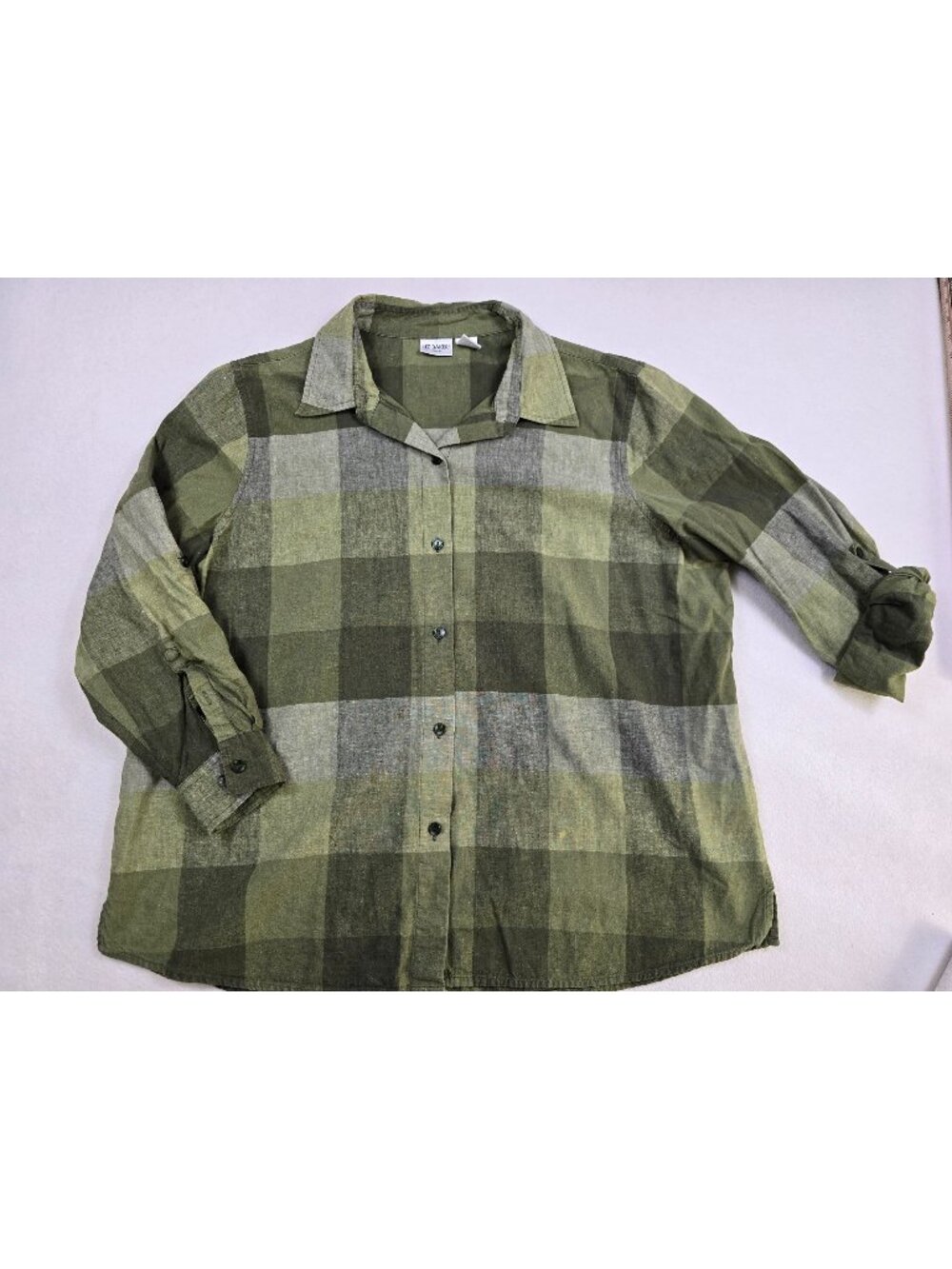 Liz Baker Womens 2X Green Linen Blend Plaid Button-Up Shirt
